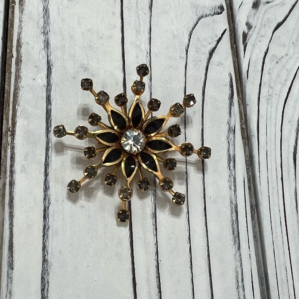 Gold and Black Rhinestone Starburst Brooch